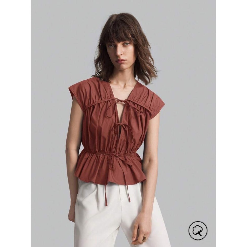 SHEIN Rust Tie-Front Peplum Blouse